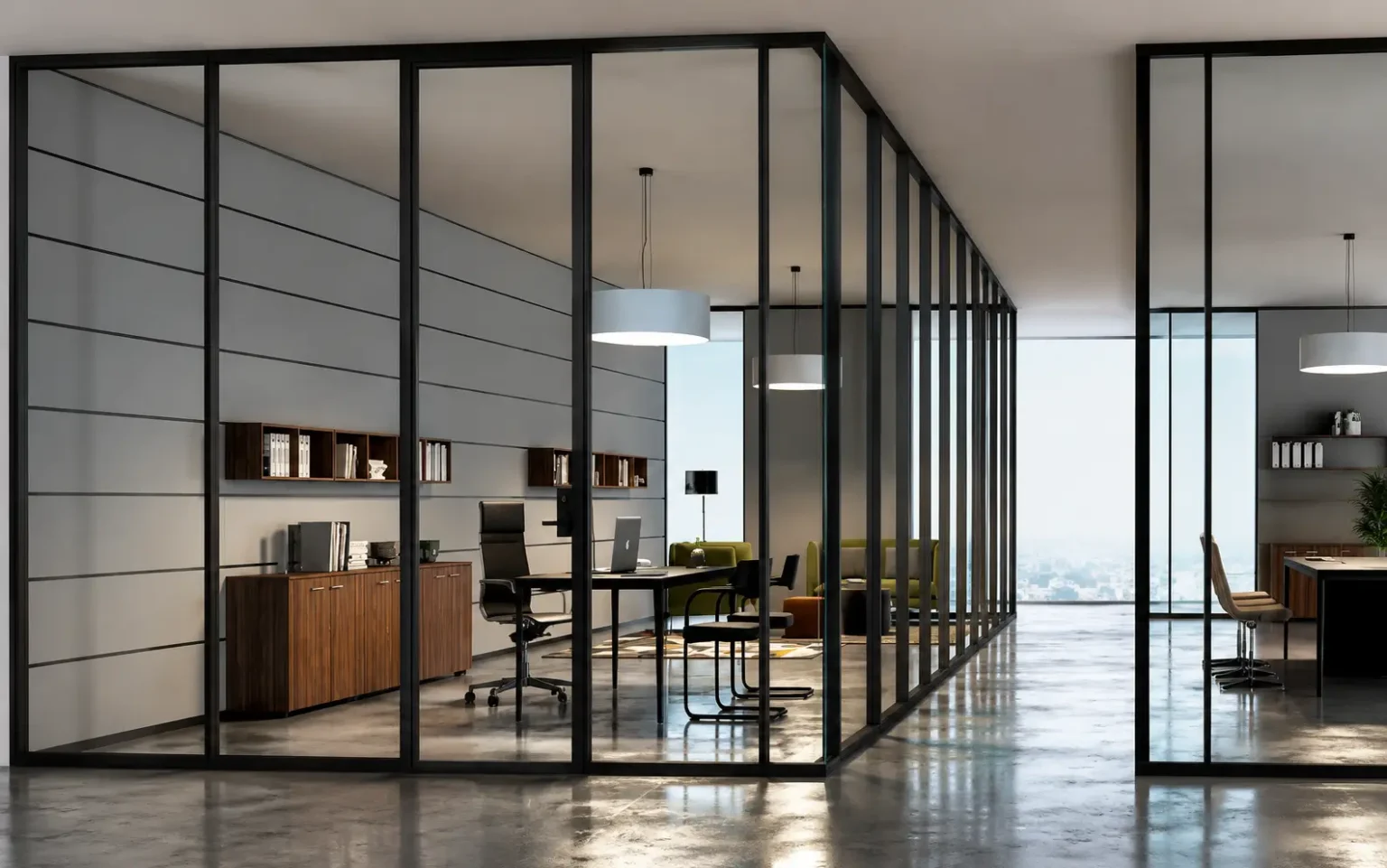 Modern Workspace with Glass Partitions & Painting