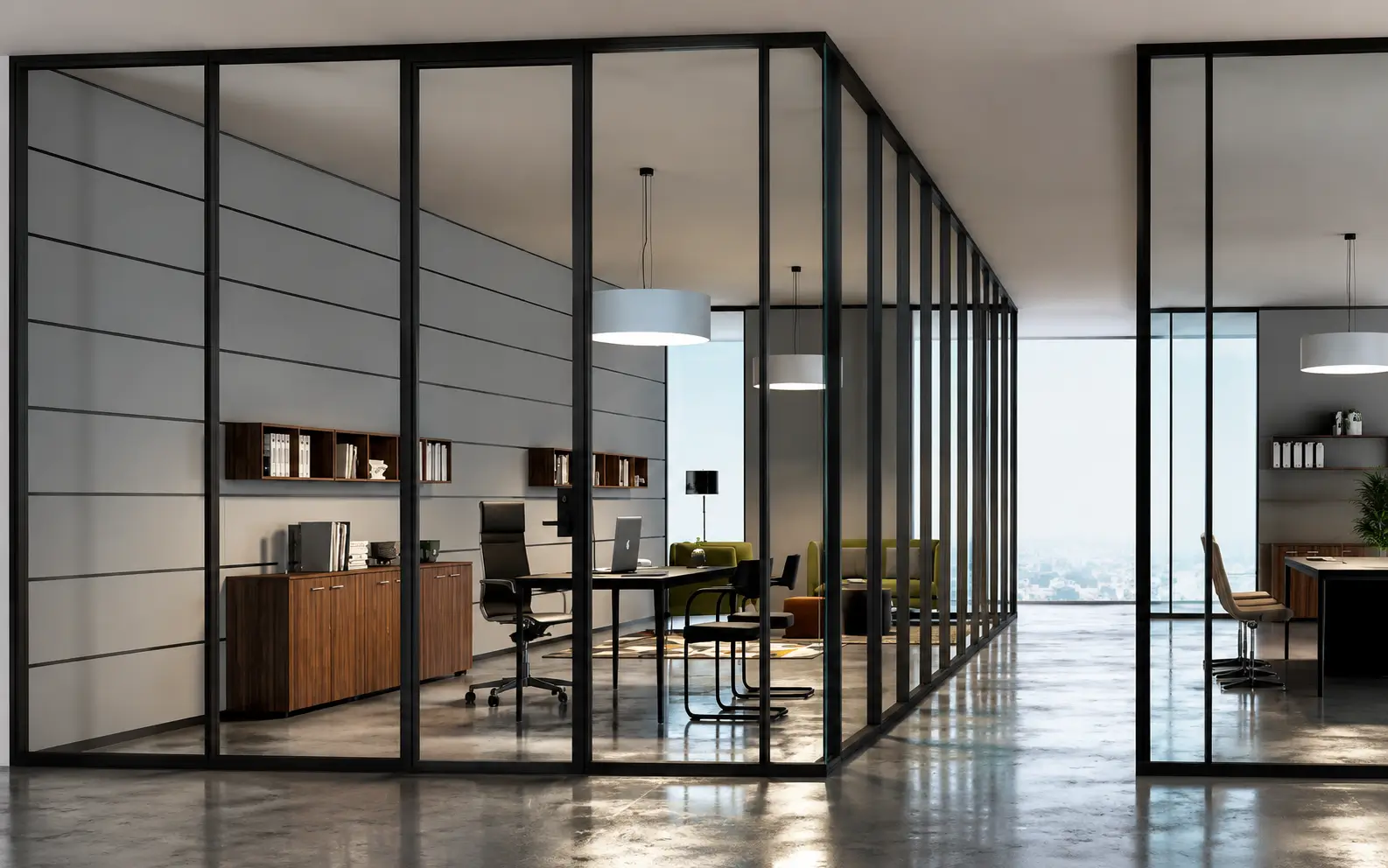 Modern Workspace with Glass Partitions & Painting
